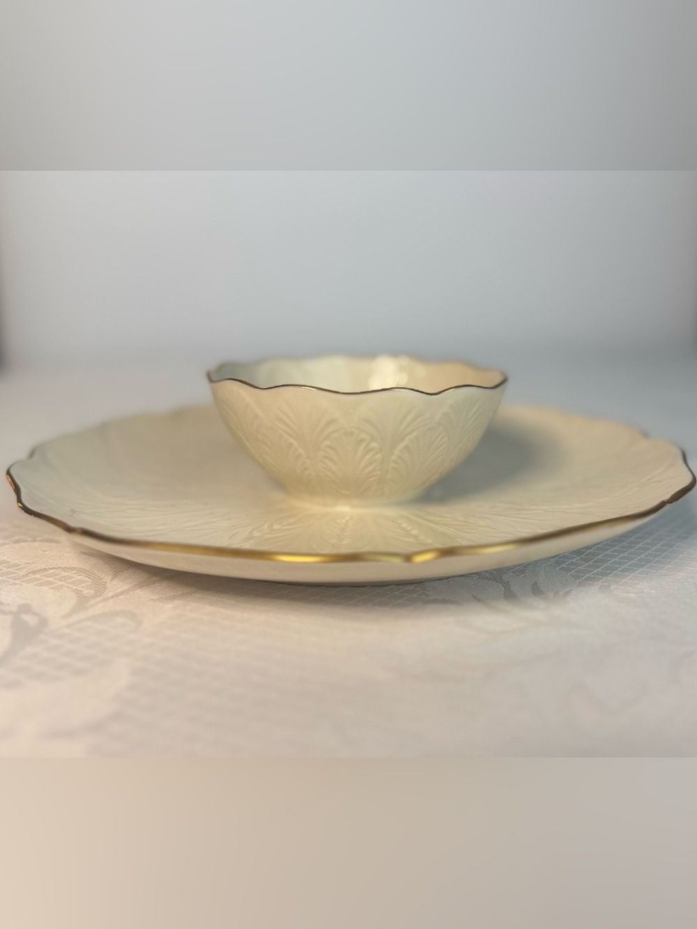 Lenox Ivory Gold Rim Attached Serving Bowl & Plate • Embossed Leaf • USA Made